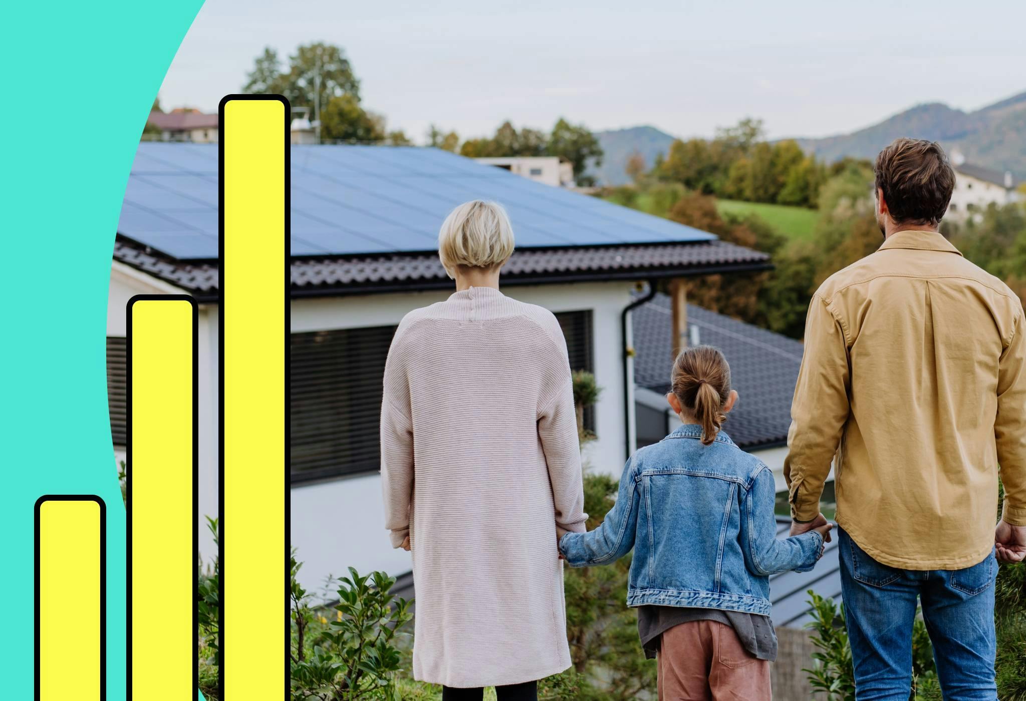Family looking at home with solar panels, with bar chart graphic added