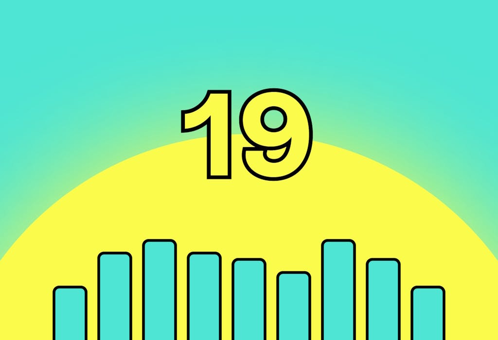 Aquamarine bars in the style of a bar chart at the bottom, in the middle of a yellow semi-circle in the style of a rising sun, under a yellow '19' outlined in black, with the background in blue, in the style of a sky