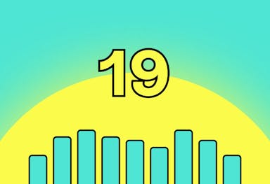Aquamarine bars in the style of a bar chart at the bottom, in the middle of a yellow semi-circle in the style of a rising sun, under a yellow '19' outlined in black, with the background in blue, in the style of a sky