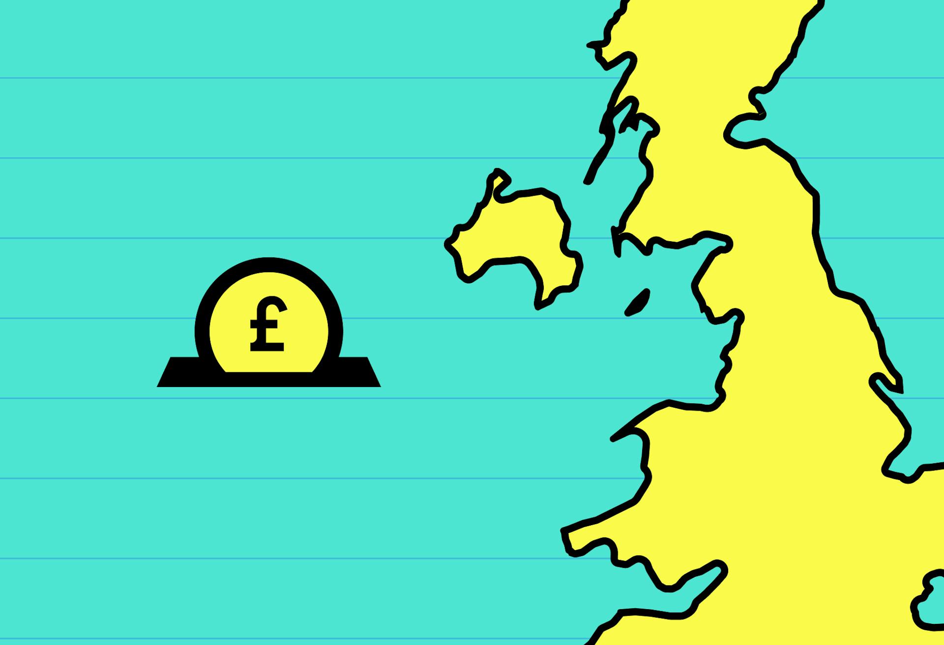 A yellow map of the UK on the right, and a cartoon £1 coin going into a coin slot on the left, turquoise background