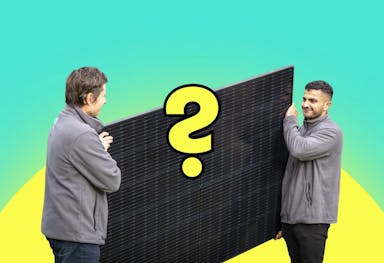 Two solar panel installers carrying a black solar panel, yellow and turquoise background, a yellow question mark in the centre