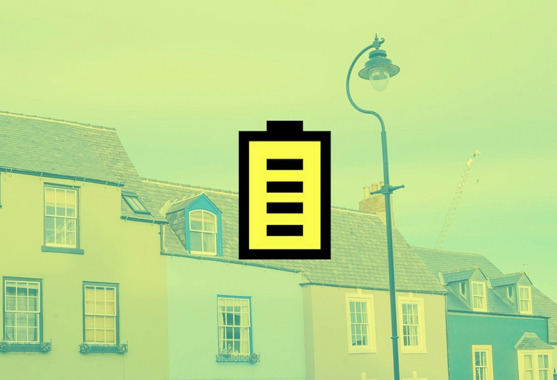 A row of terraced houses in the UK, a yellow filter on top, and a cartoon yellow storage battery in the centre