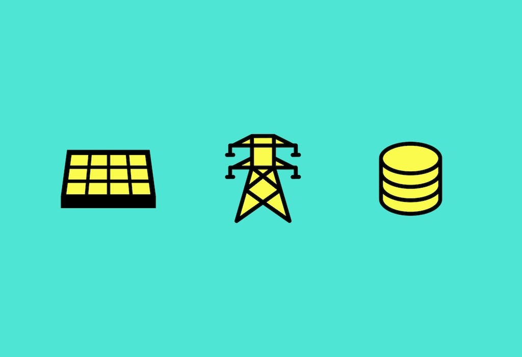 A small cartoon yellow solar panel, a small carton pylon, and a small cartoon pile of money, turquoise background