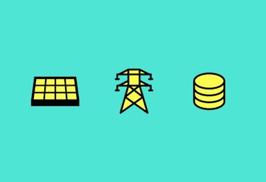 A small cartoon yellow solar panel, a small carton pylon, and a small cartoon pile of money, turquoise background