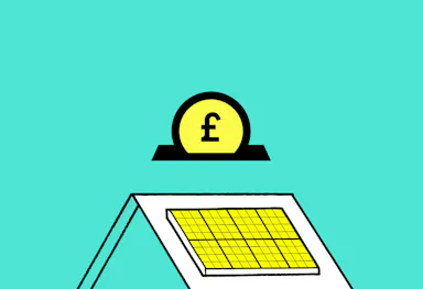 A cartoon house with yellow solar panels on the roof, a yellow 'ÂŁ1' coin above it, teal background