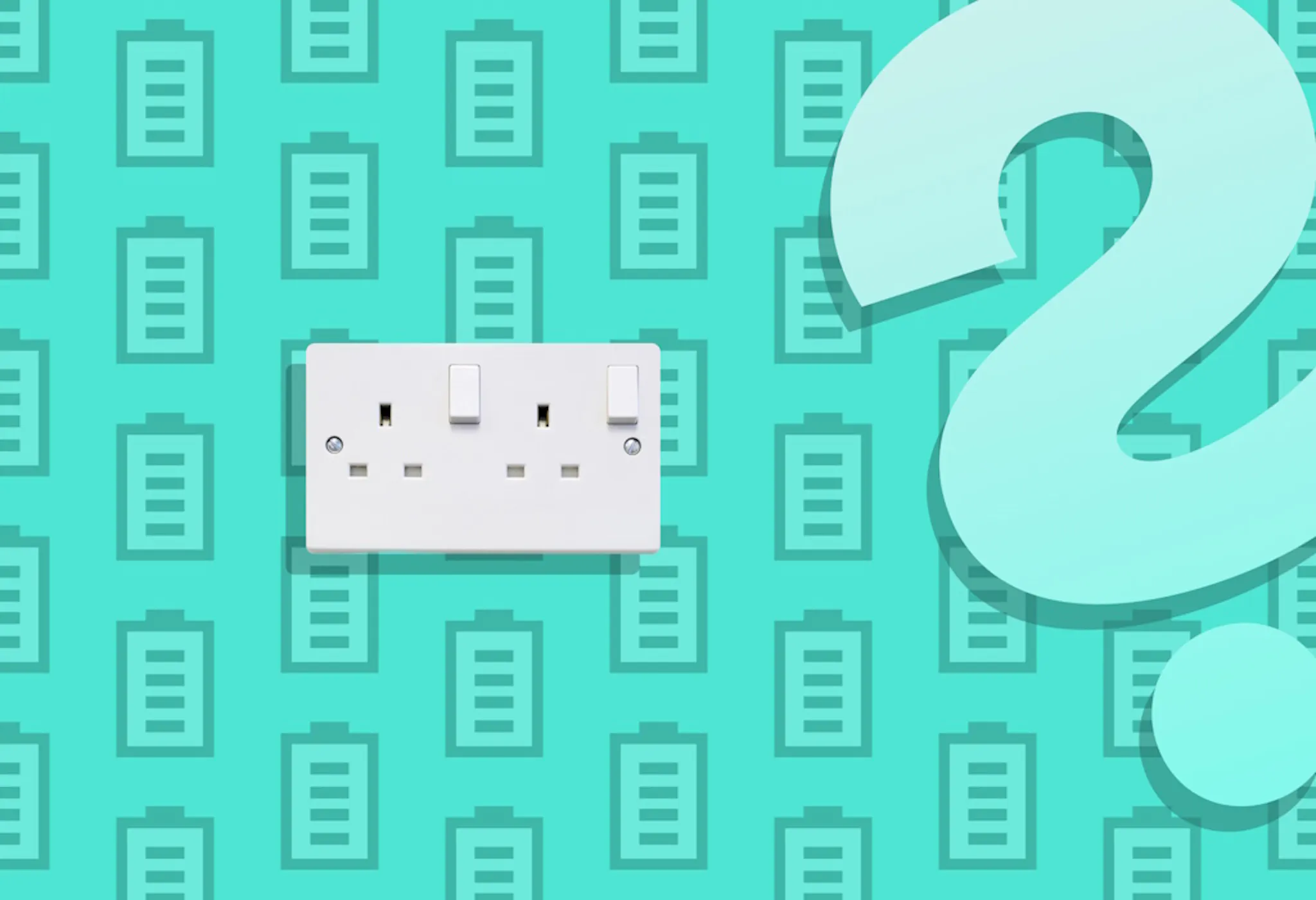 a white, domestic UK plug socket, next to a big question mark, all against an aquamarine background with battery graphics