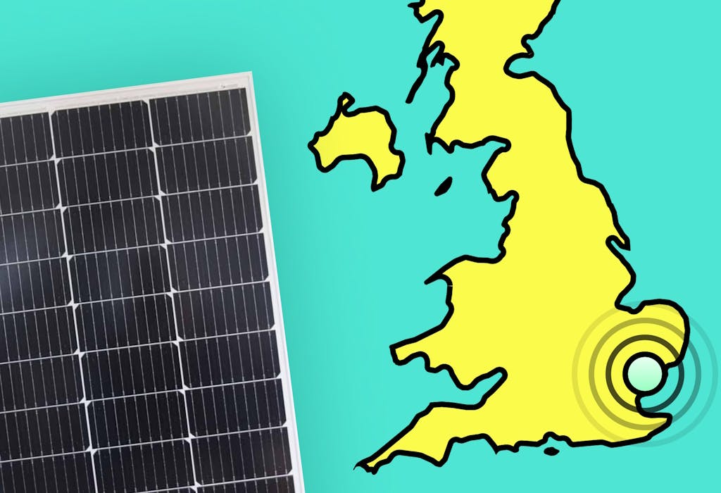A graphic that has a map of the United Kingdom with concentric circles originating from Essex on the right, and a photo of a black solar panel on the right. The country is yellow and outlined in black, and the sea is blue