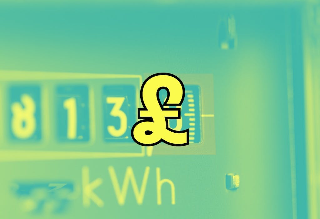 Zoomed in photo of an electricity meter, overlaid with the blueish filter and a carton yellow '£' symbol in the centre