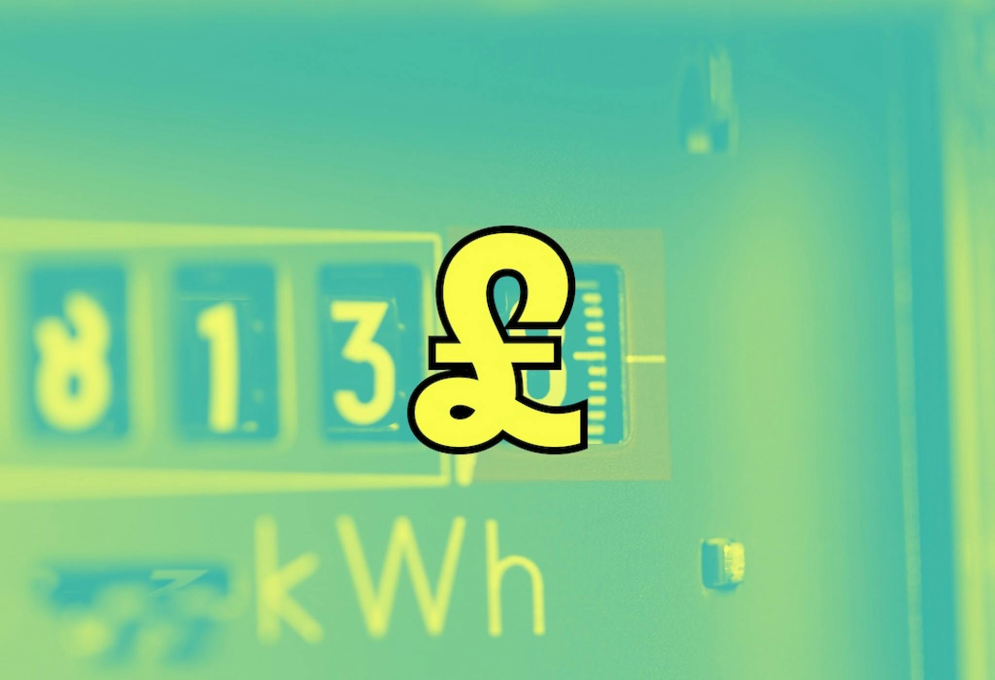 Zoomed in photo of an electricity meter, overlaid with the blueish filter and a carton yellow '£' symbol in the centre