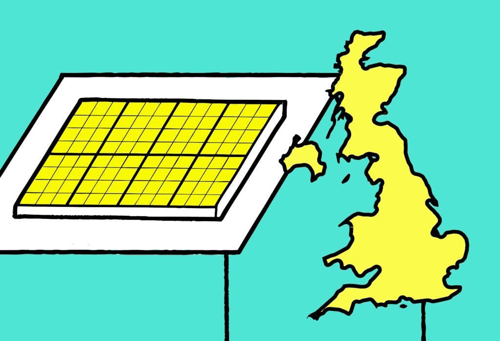 A graphic of the UK in yellow, outlined in black, next to a graphic of a solar panel in yellow, outlined in black, against an aquamarine background