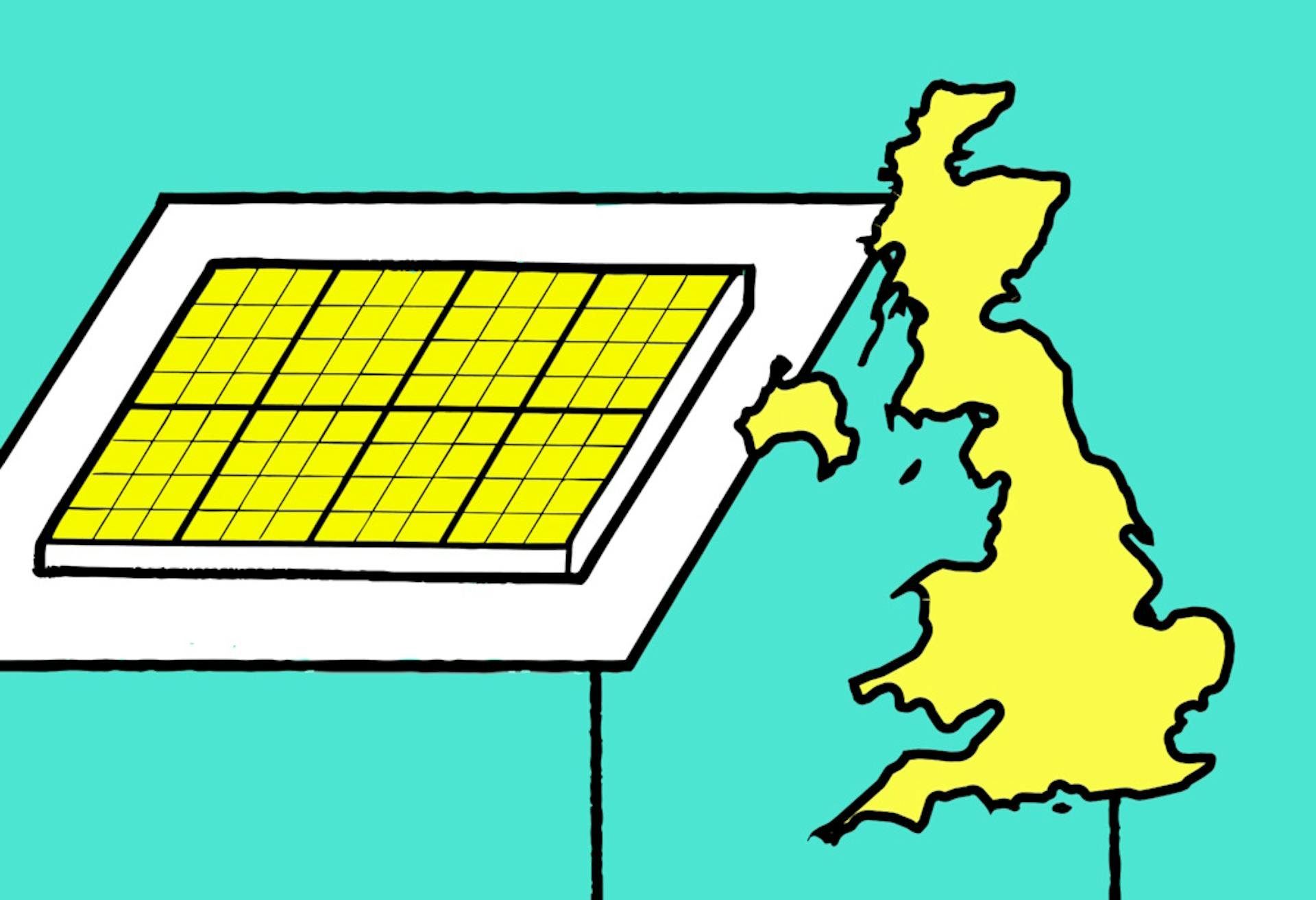 A graphic of the UK in yellow, outlined in black, next to a graphic of a solar panel in yellow, outlined in black, against an aquamarine background