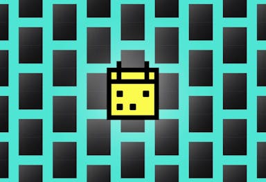 A tiled background of black solar panels with a cartoon yellow calendar in the centre foreground