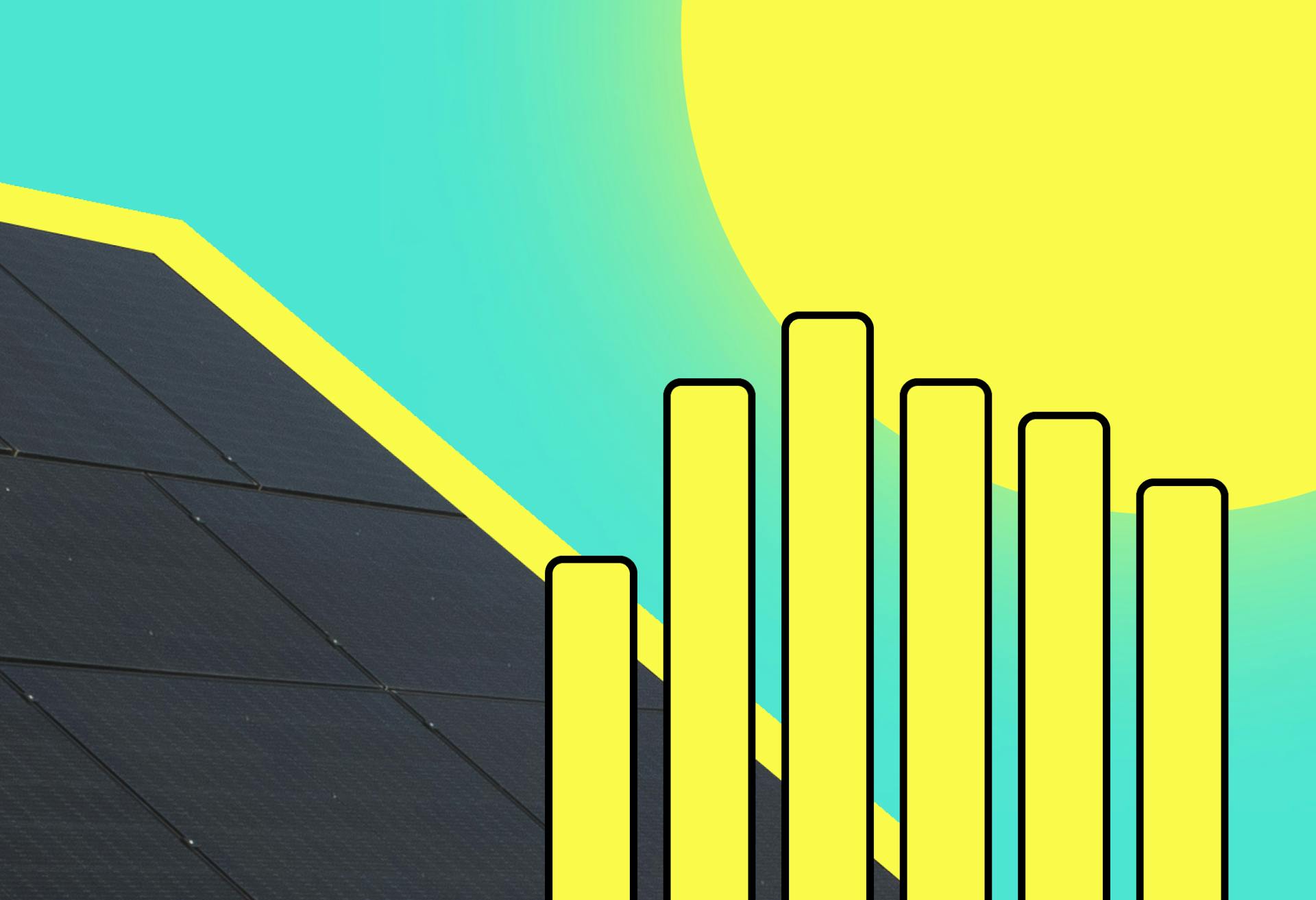 A black monocrystalline solar panel with a yellow bar chart in the foreground, a cartoon yellow sun in the background