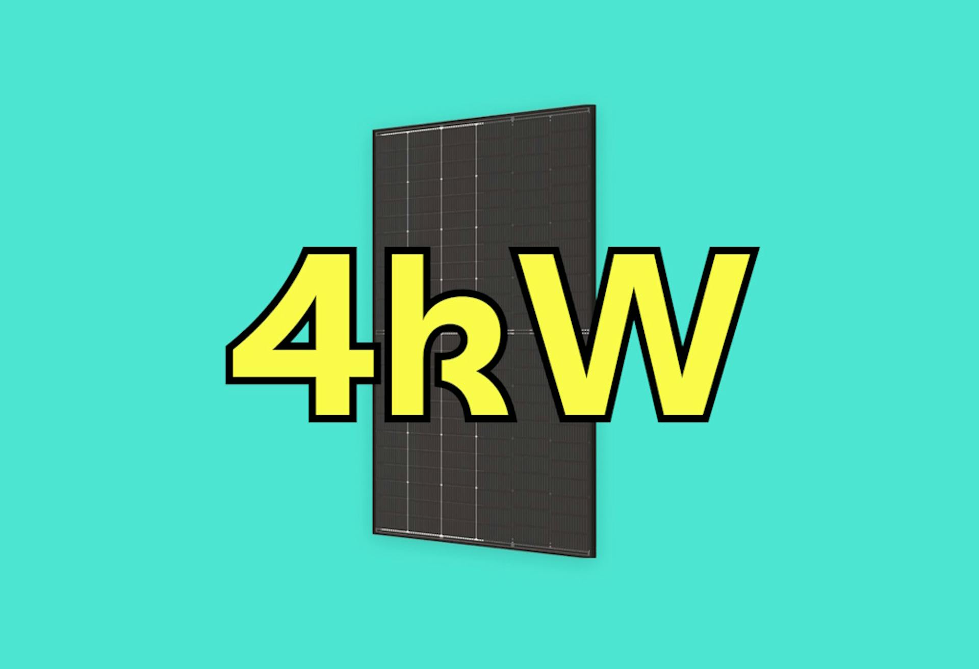 '4kW' in yellow, outlined in black, over an image of a black solar panel, against a blue background