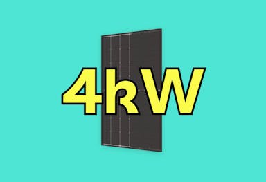 '4kW' in yellow, outlined in black, over an image of a black solar panel, against a blue background