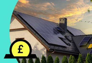 A house with a dark roof that's almost completely covered in solar panels, against the background of a sunset, with a graphic representation of a yellow-and-black pound coin going in a slot, by an aquamarine strip on the side of the image
