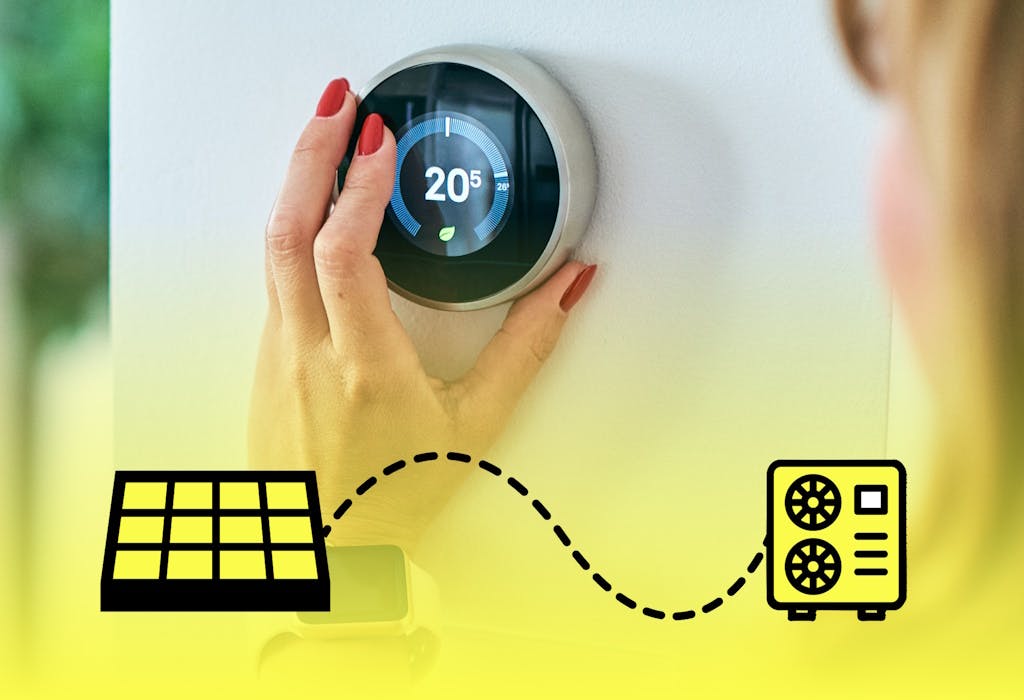 A person's hand with red fingernails adjusting a smart thermostat, with the head blurry on the right of the image. Below, there's a graphic of a solar panel with a dotted line travelling to a heat pump