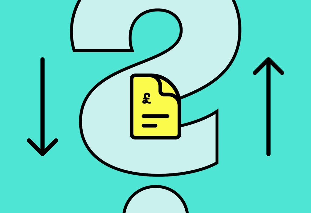 A light blue question mark takes up the middle of the image, with a yellow and black stylised energy bill in the centre, and black arrows on either side pointing up and down. It's all against an aquamarine background