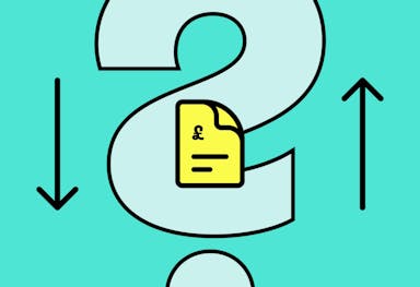 A light blue question mark takes up the middle of the image, with a yellow and black stylised energy bill in the centre, and black arrows on either side pointing up and down. It's all against an aquamarine background