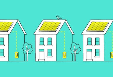 A row of three cartoon houses with solar panels on the roof and a storage battery, turquoise background