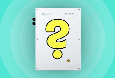 A cartoon yellow question mark on top of a large white storage battery, faded white concentric circles around it and a turquoise background
