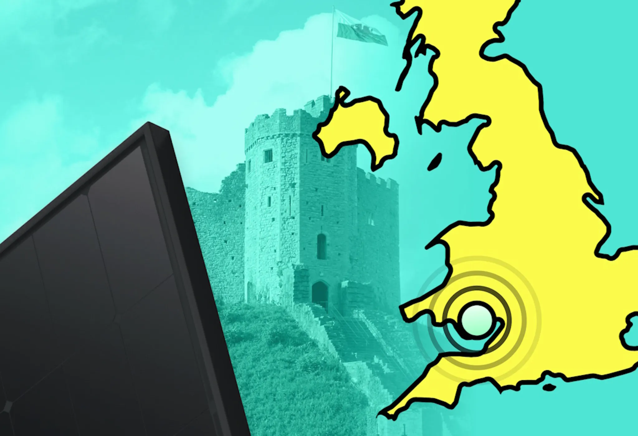 A yellow map of the UK with a circle over Cardiff, next to a black solar panel and against an aquamarine background and a castle in Cardiff