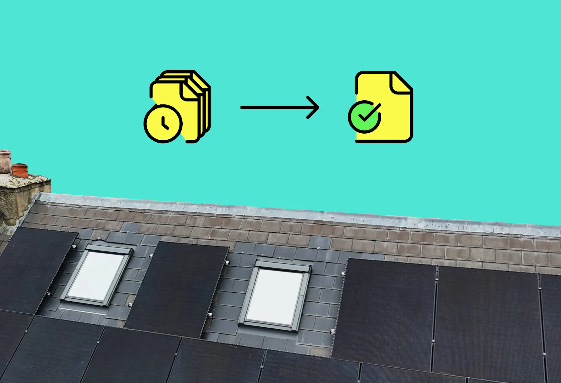 Solar panels on rooftop, teal background, pile of yellow documents at the top left, and an arrow pointing at one simple yellow document at the top right