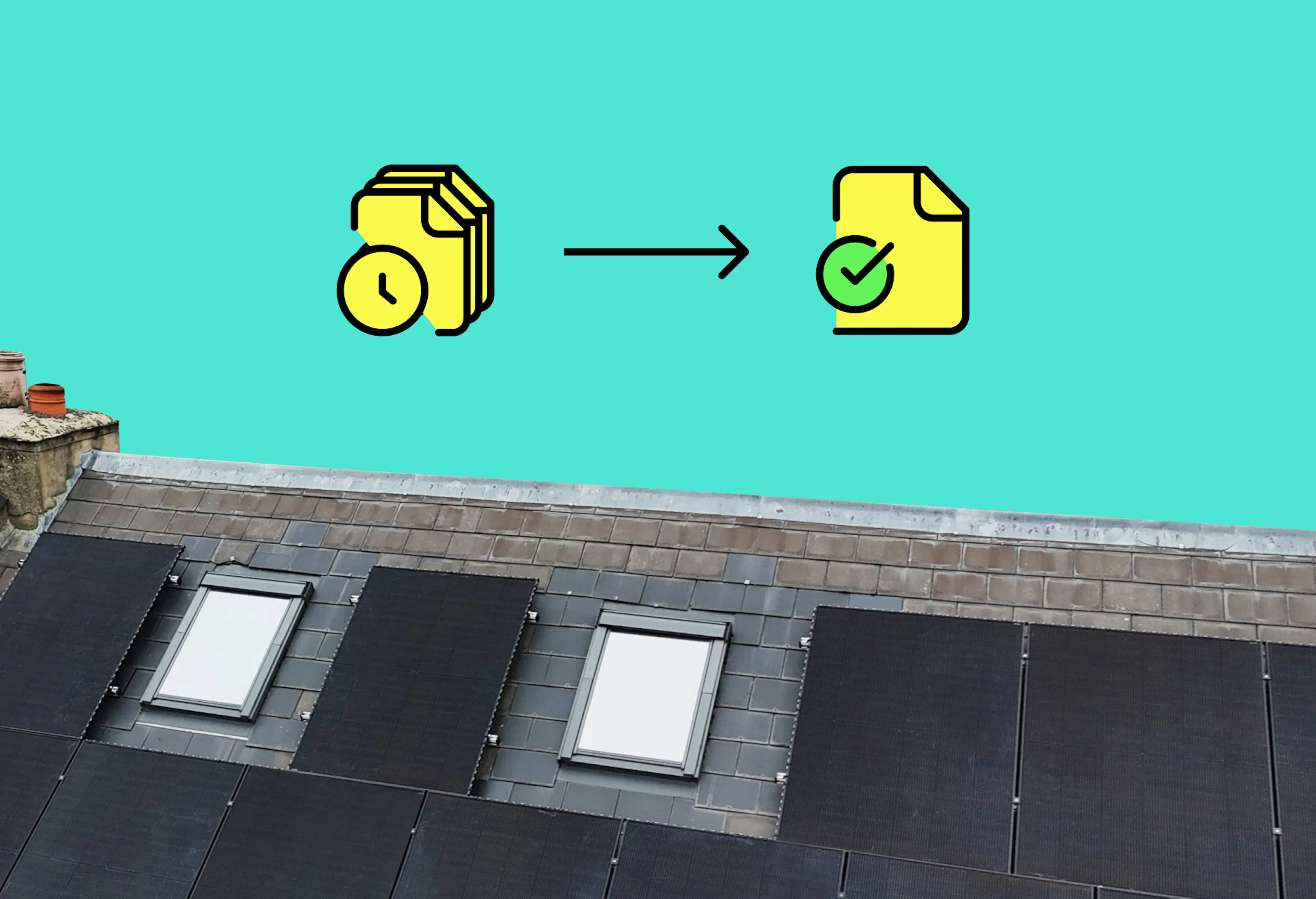 Solar panels on rooftop, teal background, pile of yellow documents at the top left, and an arrow pointing at one simple yellow document at the top right
