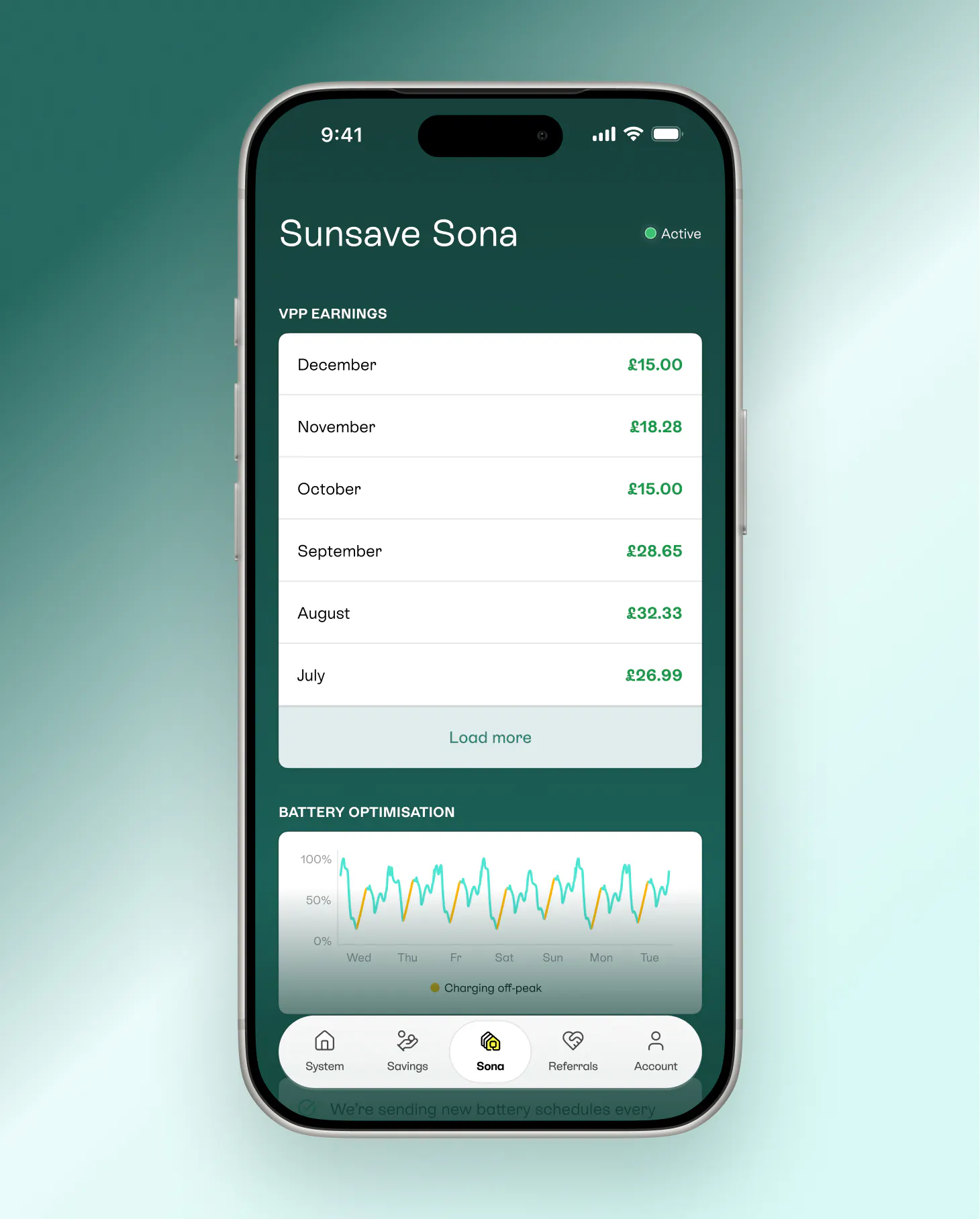Sunsave Sona screenshot in Sunsave app, on teal background