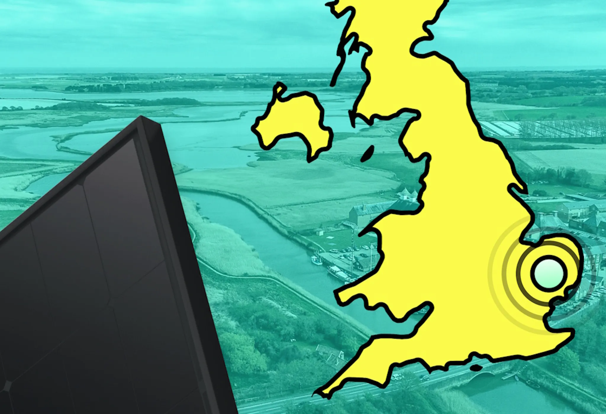 A yellow map of the UK with a circle over Suffolk, next to a black solar panel and against an aquamarine background and a Suffolk landscape