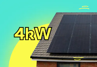 Solar panels on a roof, '4kW' in yellow letters beside it, teal background