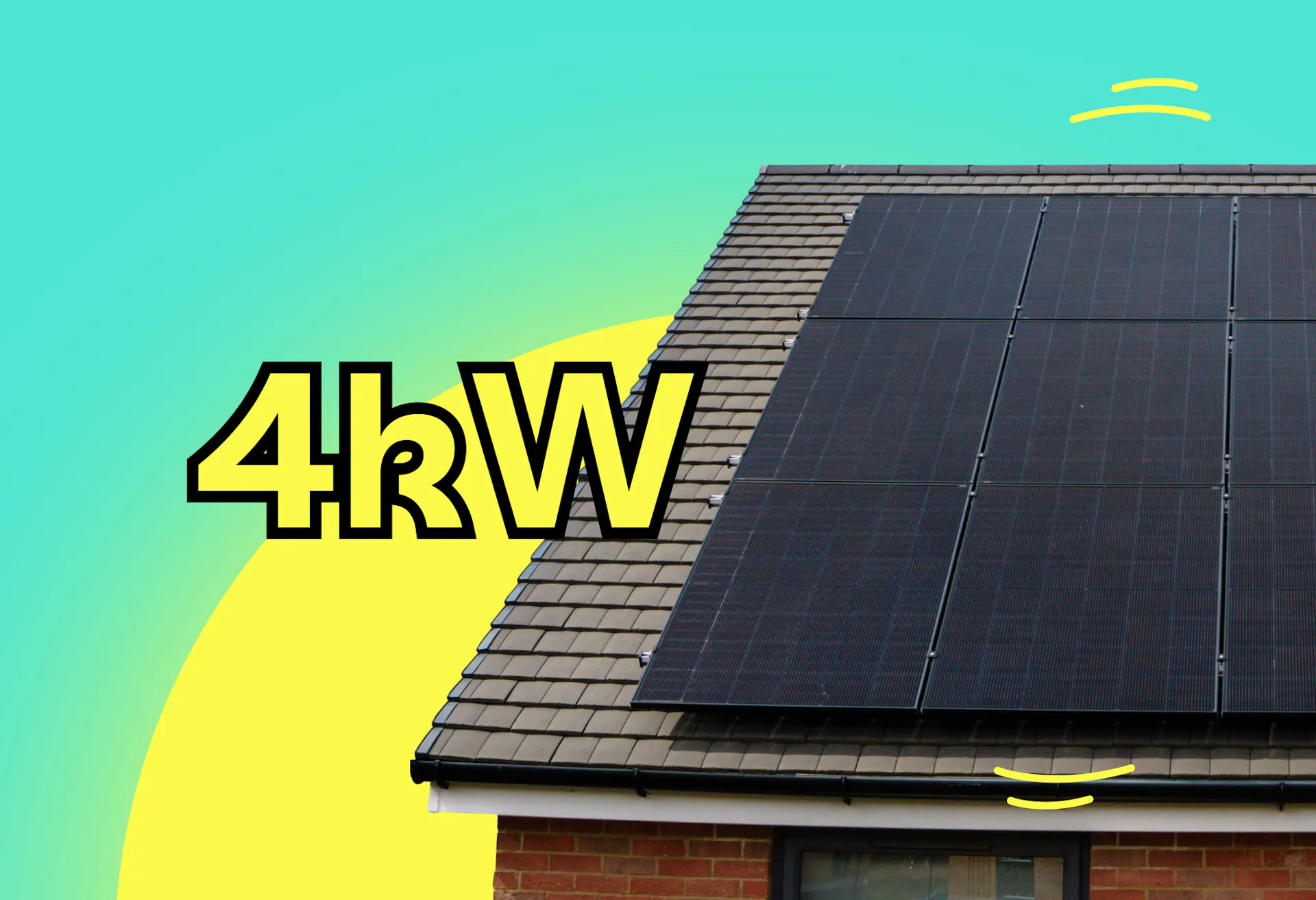 Solar panels on a roof, '4kW' in yellow letters beside it, teal background