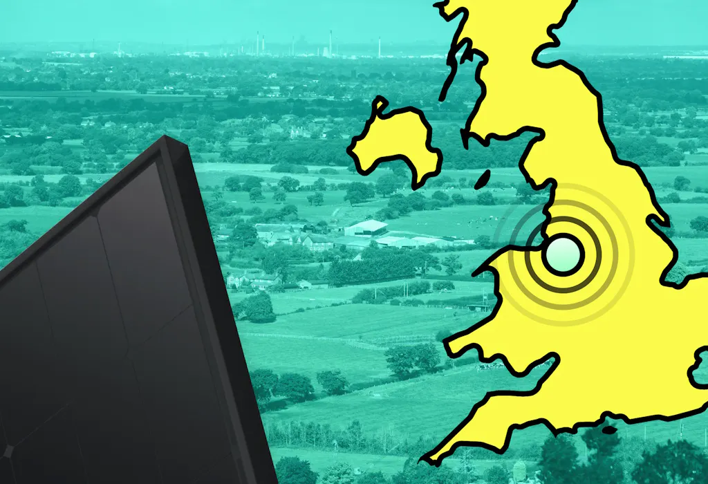 A yellow map of the UK with a circle over Cheshire, next to a black solar panel and against an aquamarine background showing Cheshire fields