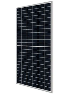 a black solar panel with silver gridlines, against a white background