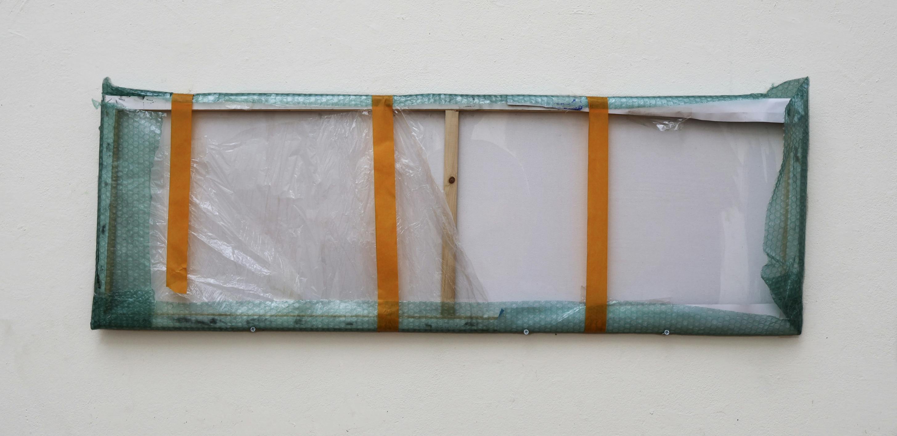 charcoal, plastic wrap on canvas, bubble wrap and masking tape