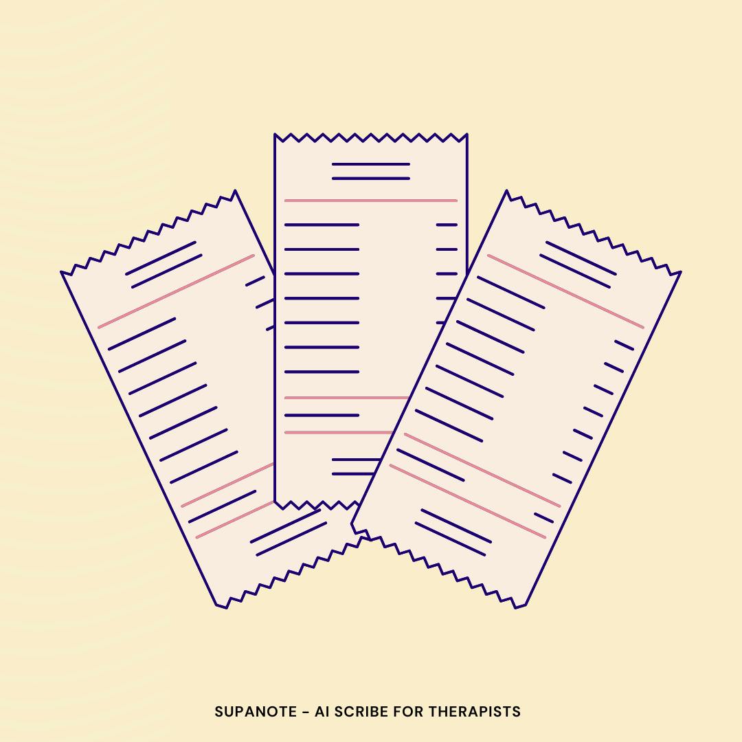 Illustration of three lined documents representing superbill template, styled in a minimalist, modern design. Visual highlights how mental health professionals can streamline reimbursement workflows using organized superbill templates.