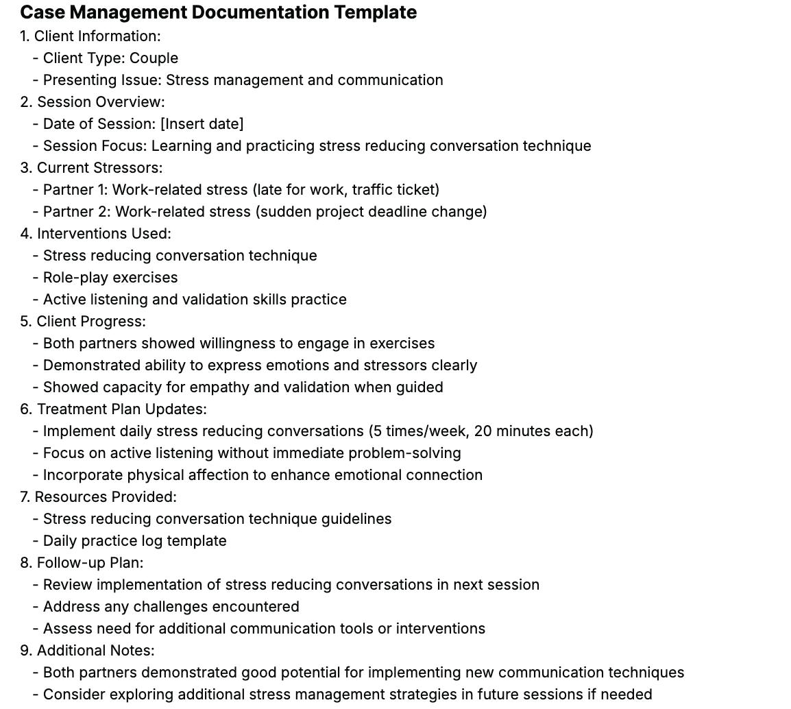 Example of a case management documentation template made with the help of Supanote