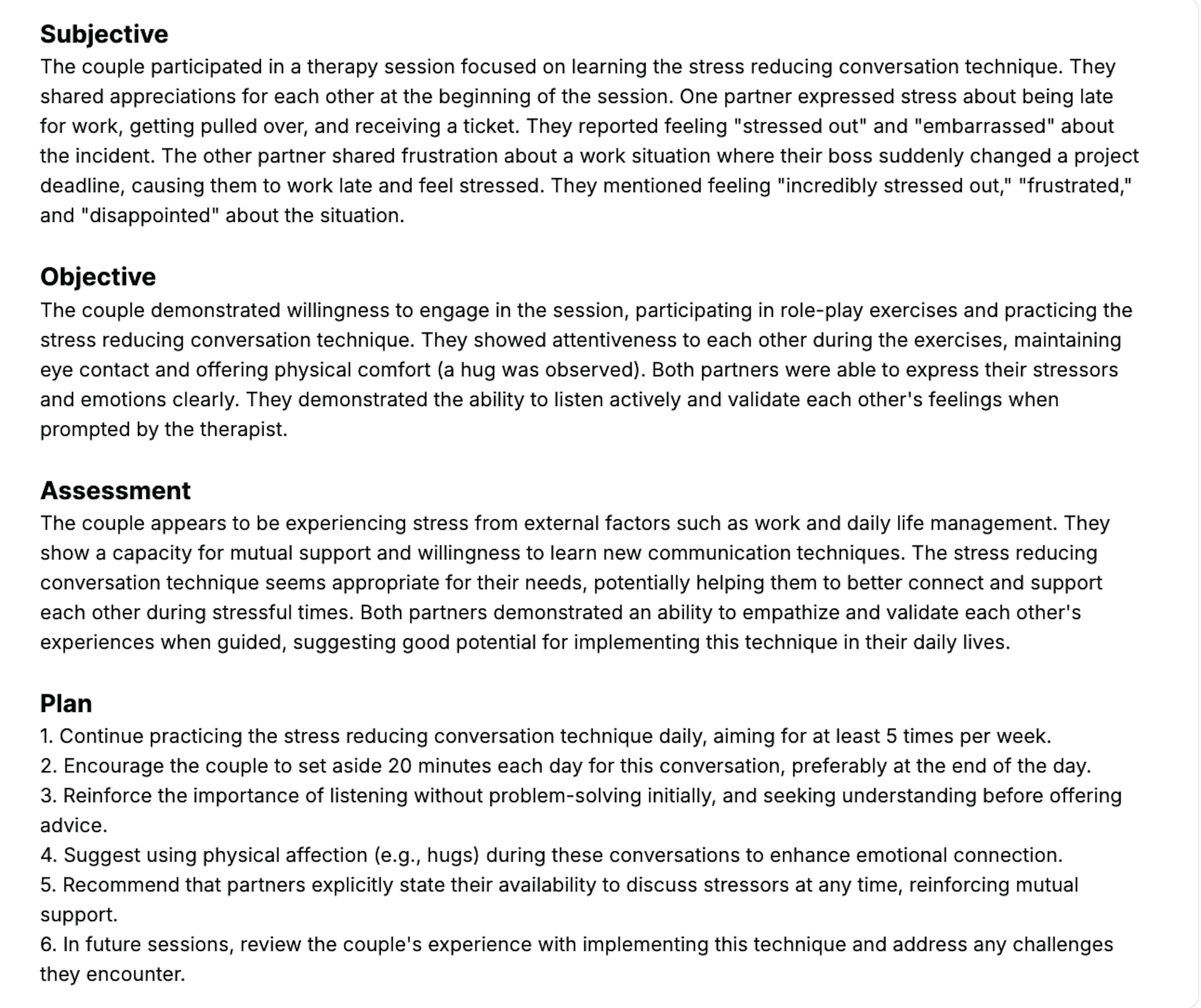 Sample couple therapy progress note template by Supanote