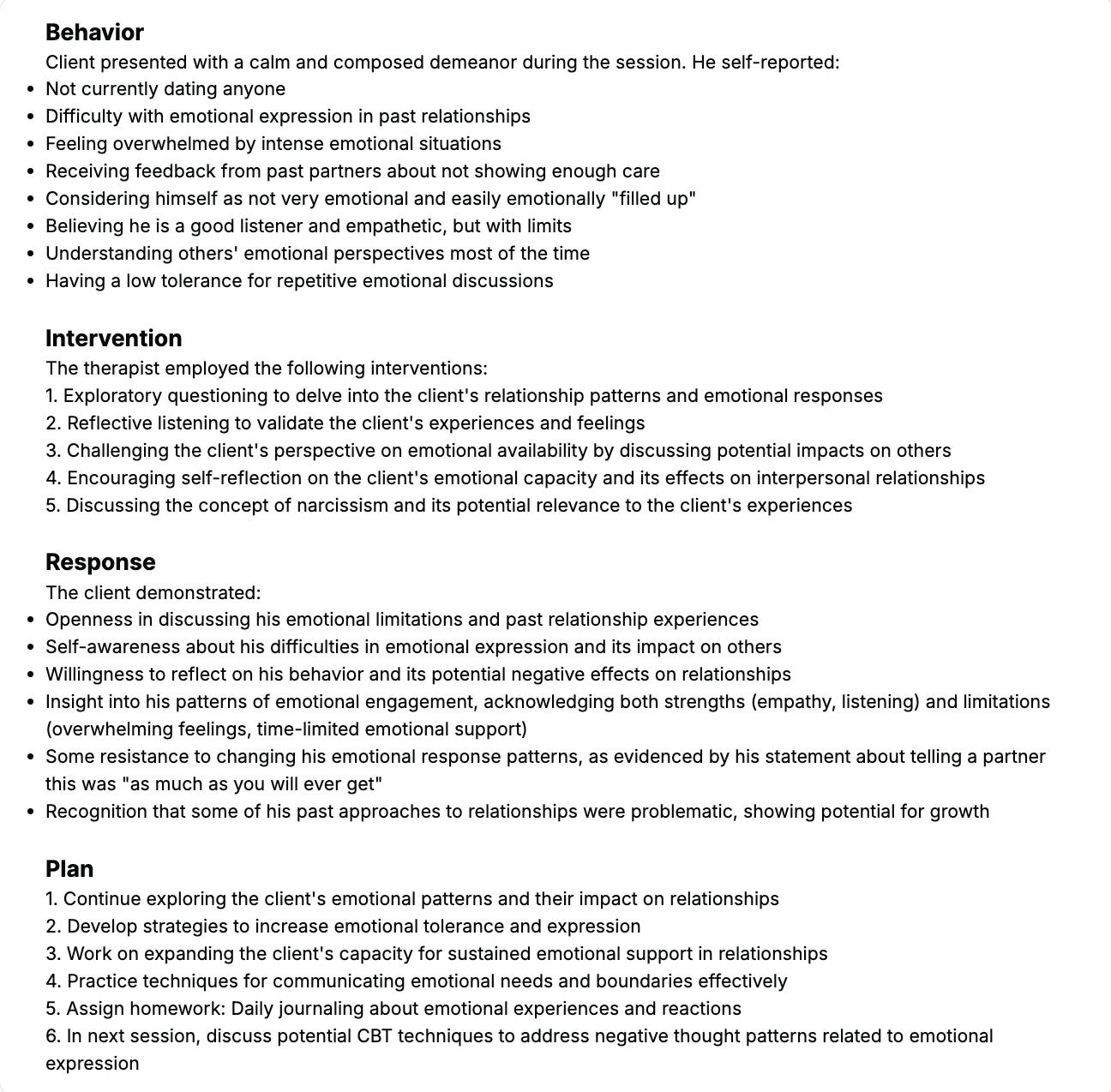 sample BIRP mental health note template by Supanote