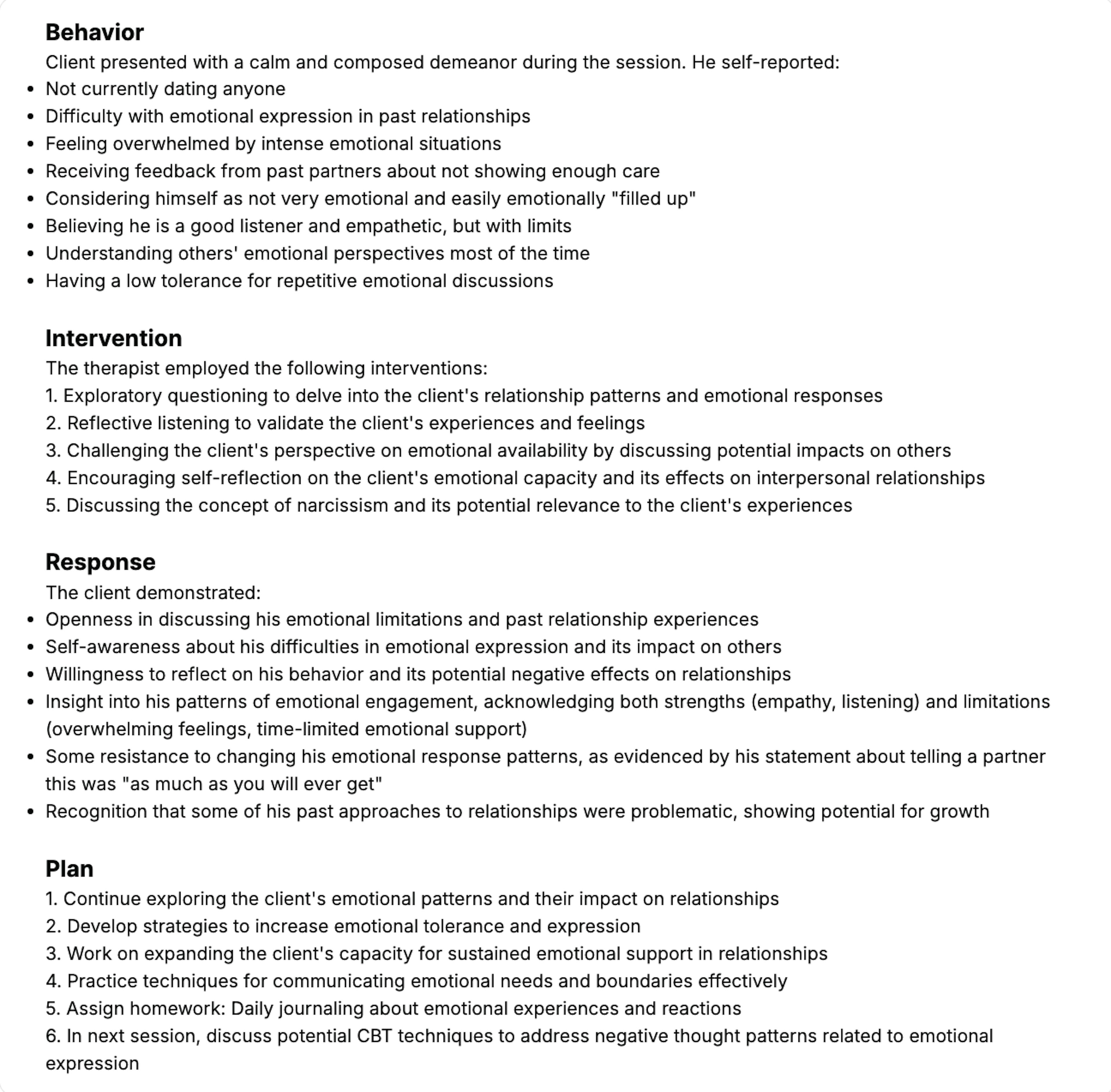 sample BIRP mental health note template by Supanote
