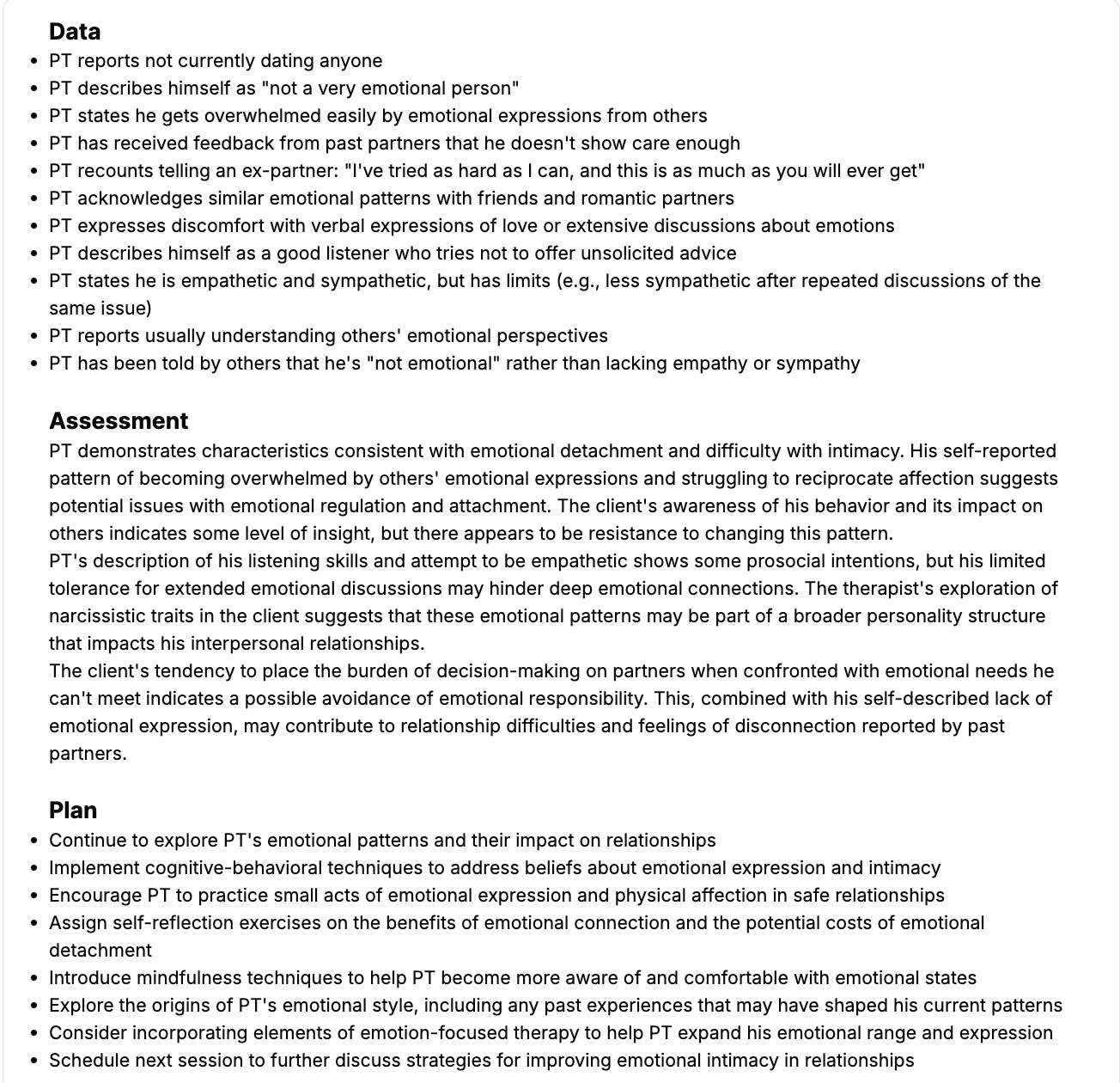 sample DAP mental health note template by Supanote