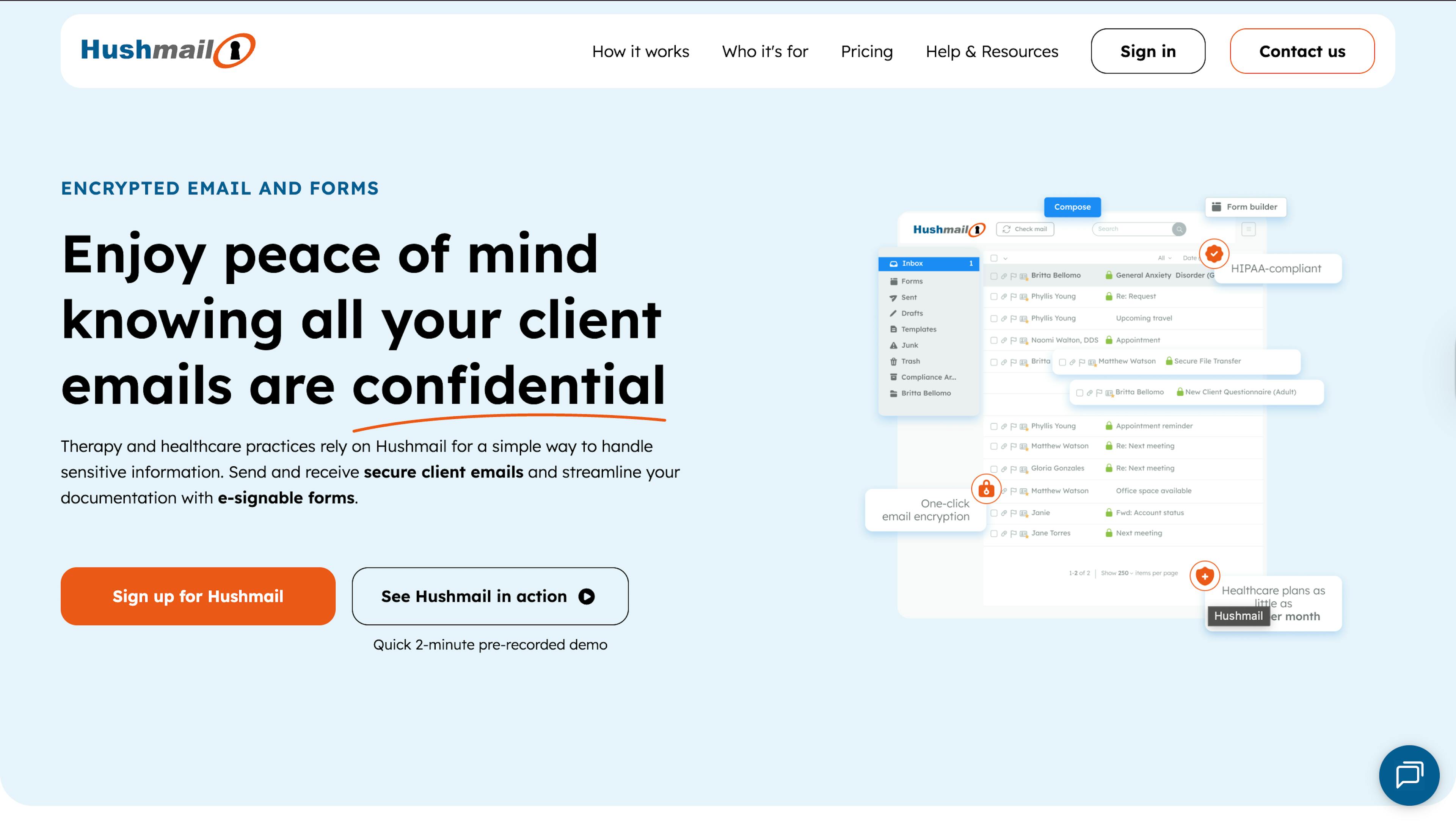 Hushmail landing page
