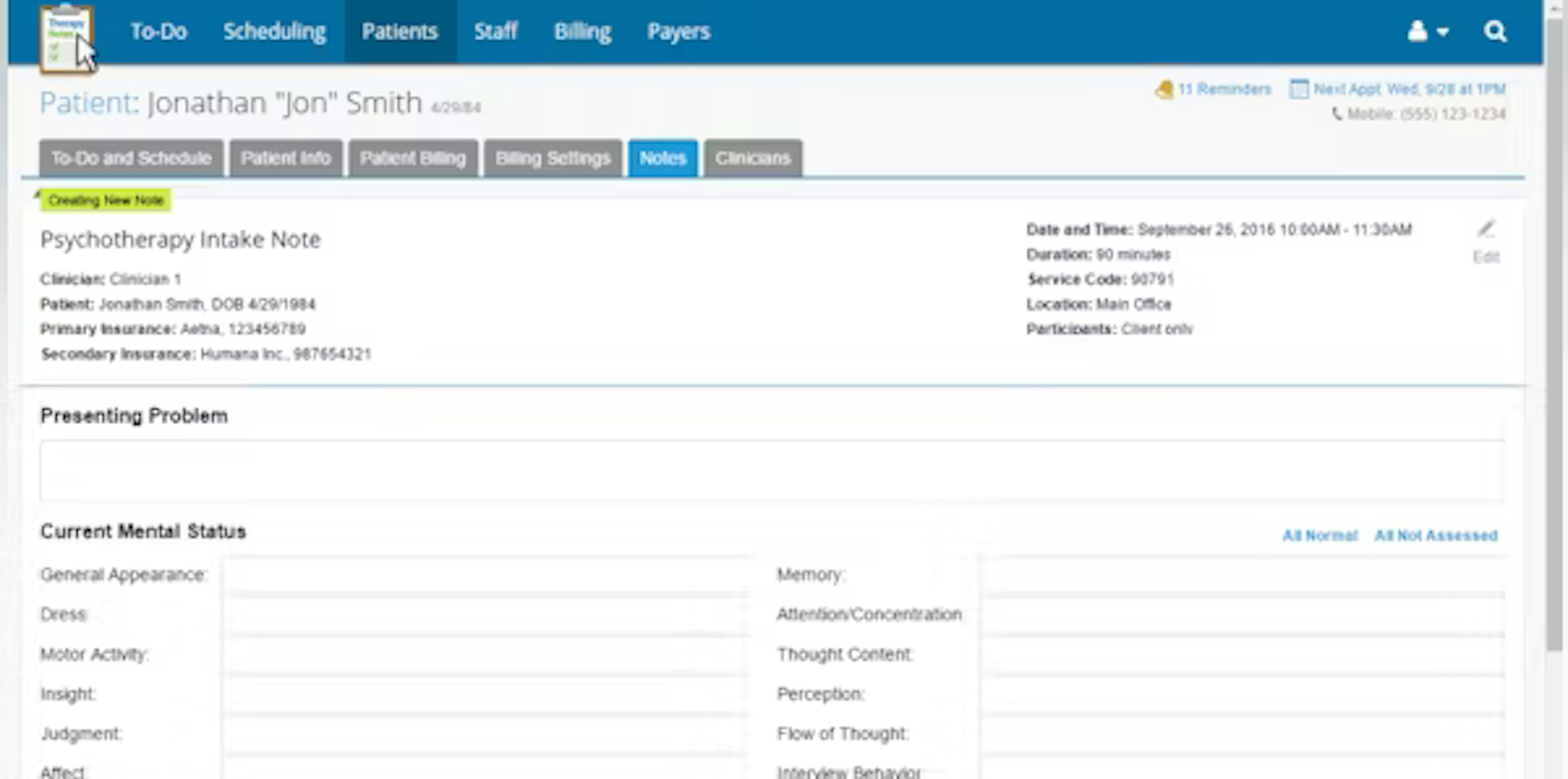 Therapy Notes dashboard