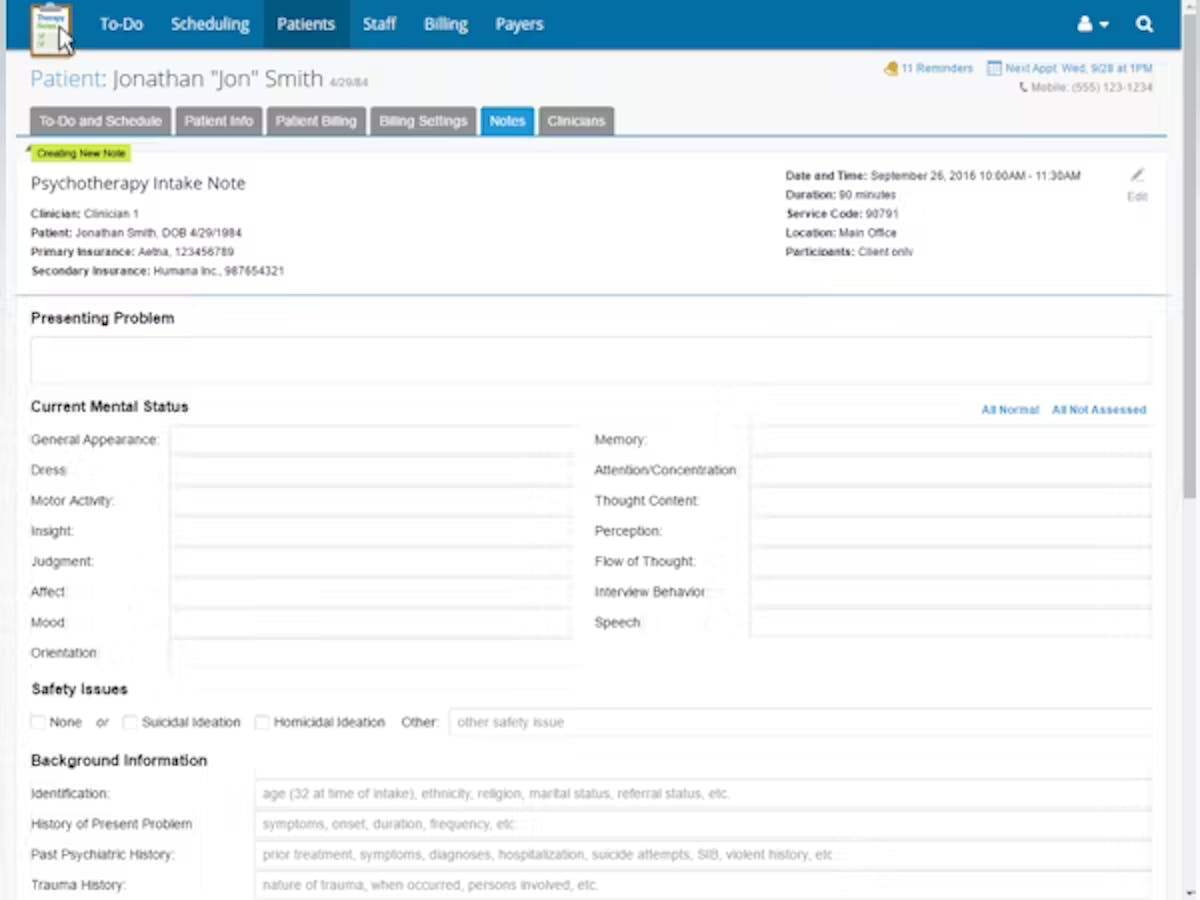 TherapyNotes Dashboard 