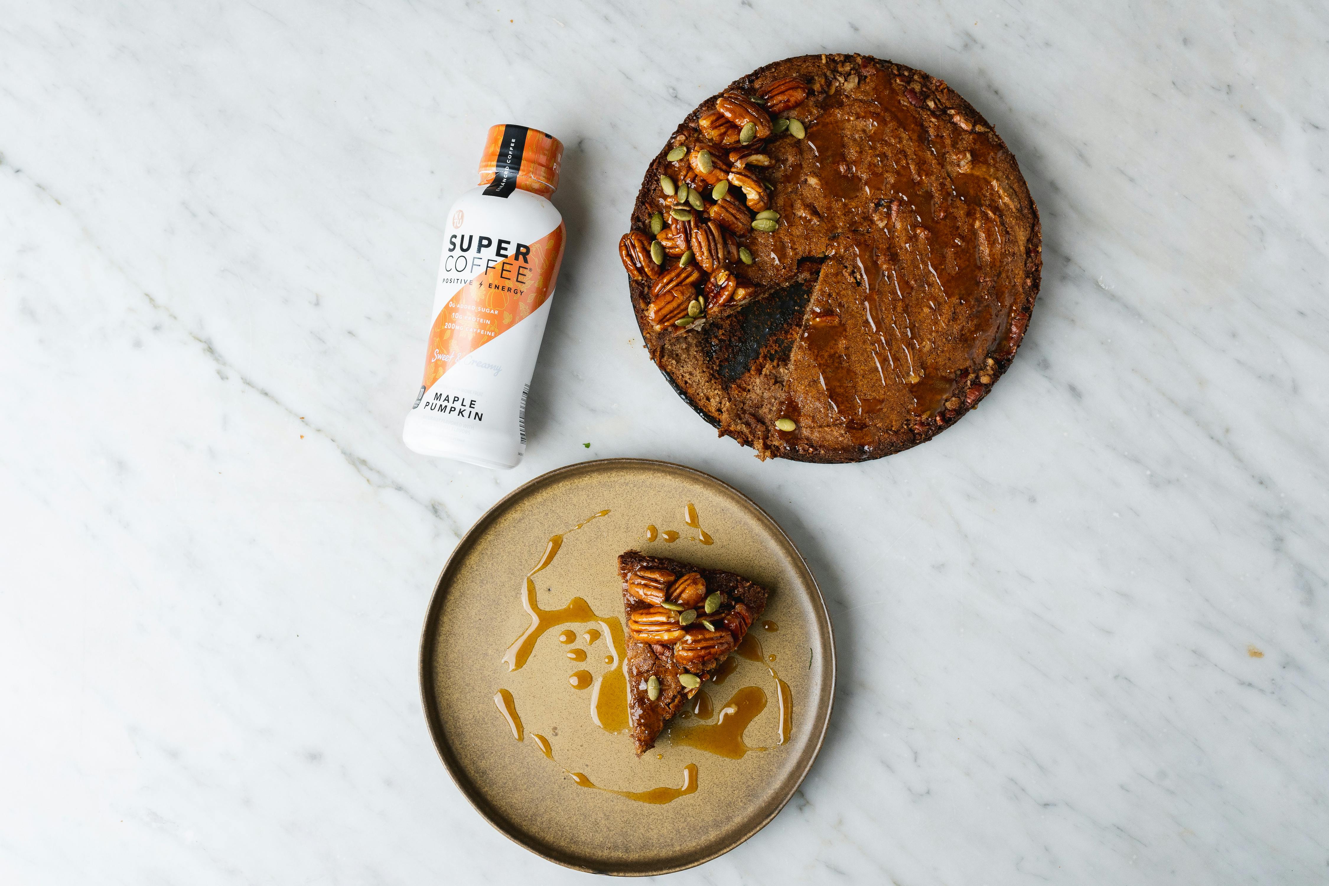 Slice of Maple Pumpkin Coffee Cake with the Maple Pumpkin Super Coffee