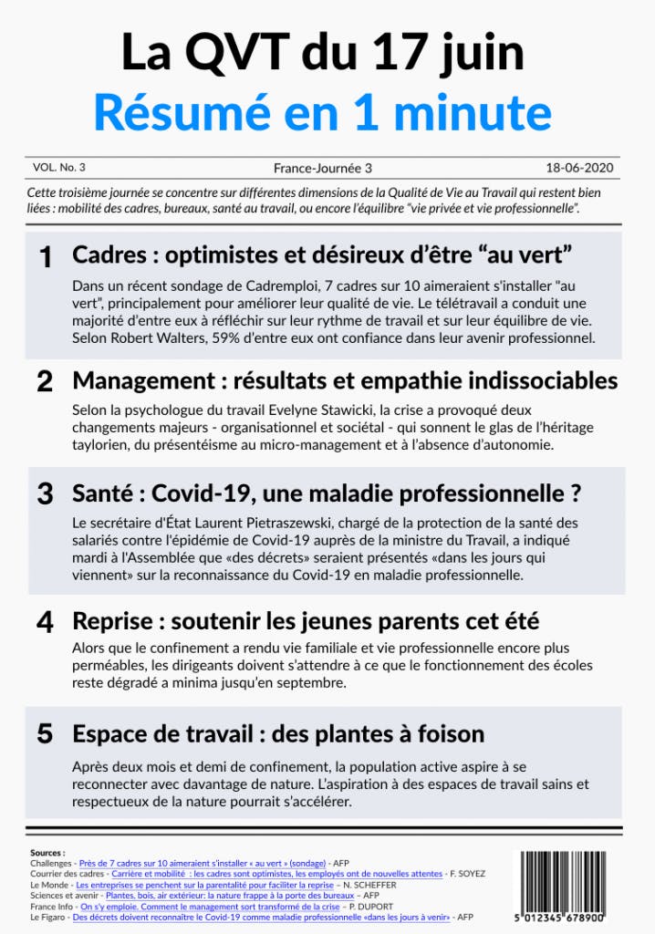 le petit journal de la QVT résumé de la journée du mercredi 17 juin 