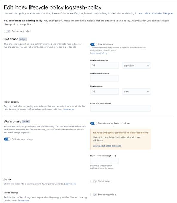The Example of the Index Lifecycle Policies.