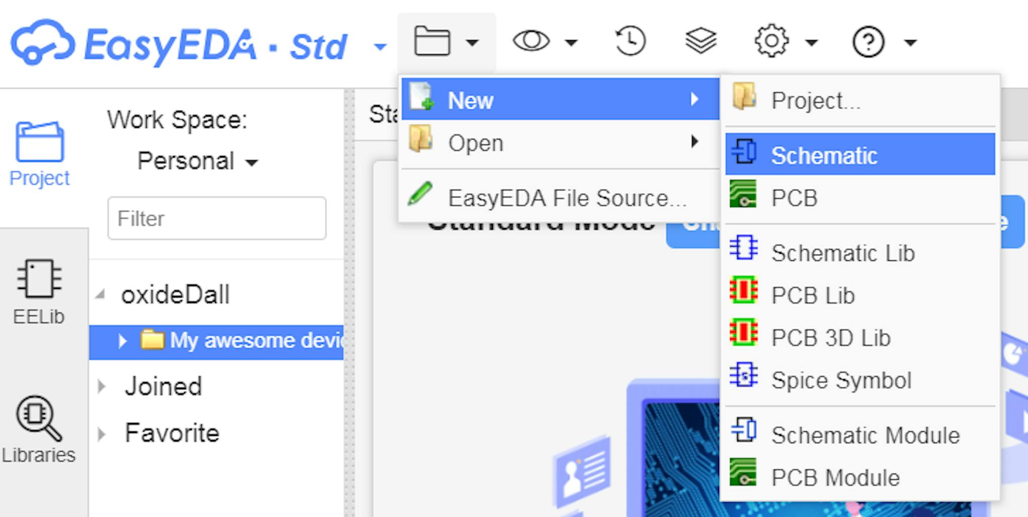 Create a Schematic File in EasyEDA.