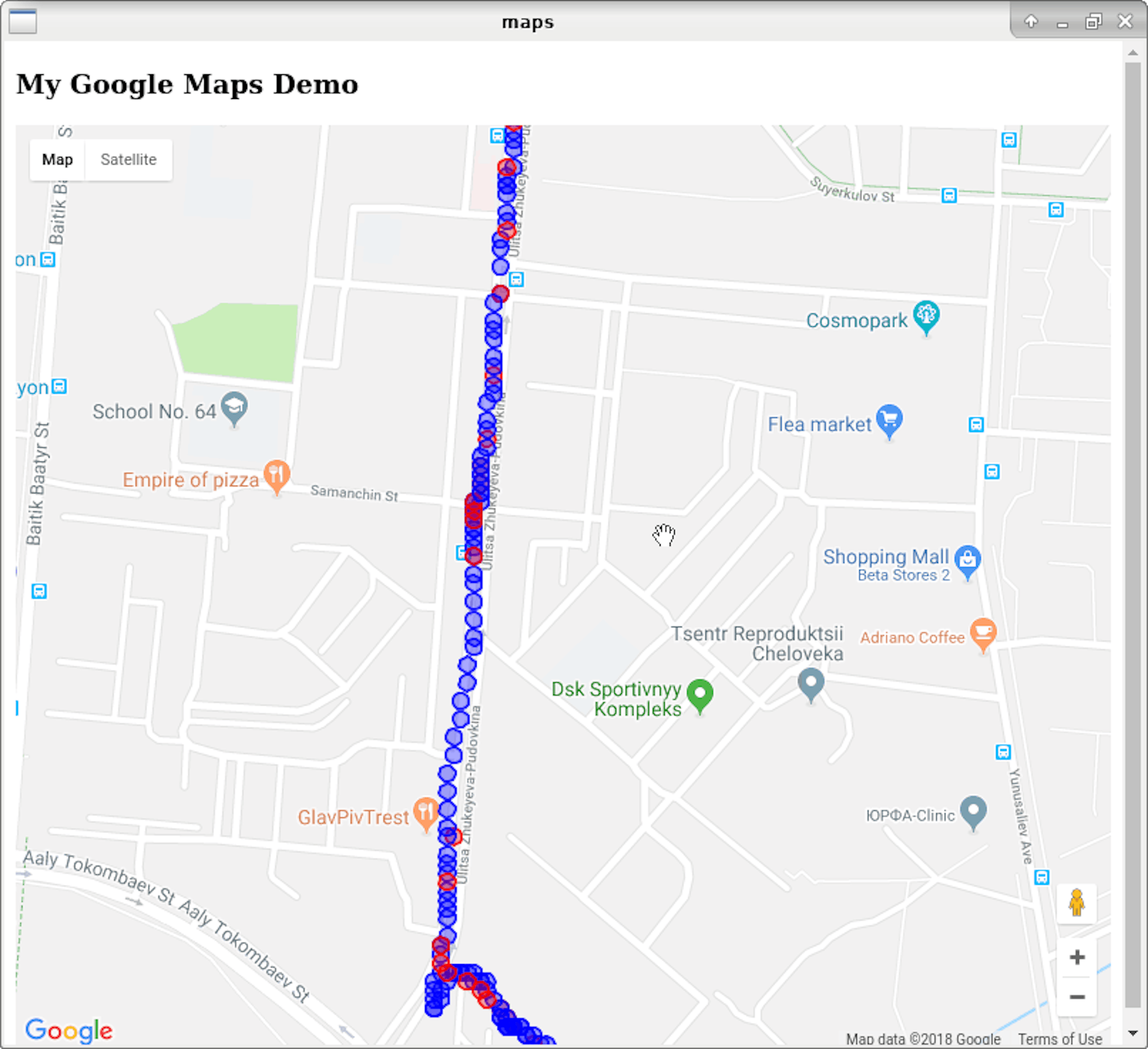 Red circles are GPS coordinate. Blue circles — filtered values. There were GPS connection loss and route was restored.