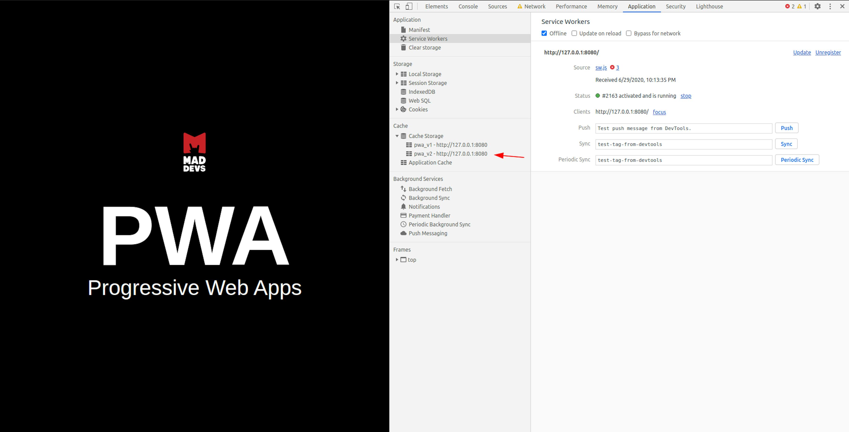 Service Workers on Chrome Dev Tools.